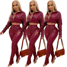 Load image into Gallery viewer, Solid color PU pleated 2PC set (CL11965)
