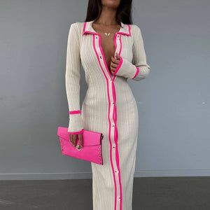 Slim lapel panels women's long sleeve cardigan dress (CL11932)