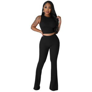 Solid Color Rib Fabric Sleeveless Bootcut Trousers 2PC Set (CL11794)