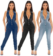 Load image into Gallery viewer, Sleeveless Open Chest Wash Denim Jumpsuit (CL11763)
