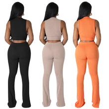 Load image into Gallery viewer, Solid Color Rib Fabric Sleeveless Bootcut Trousers 2PC Set (CL11794)
