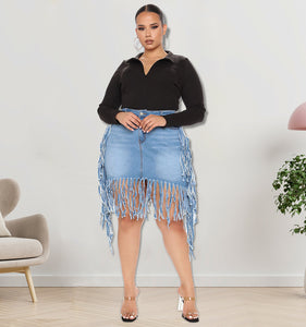 Oversized Denim Skirt with Tassel Skirt (CL11785)