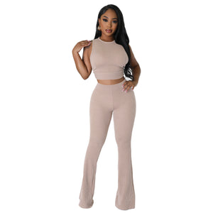 Solid Color Rib Fabric Sleeveless Bootcut Trousers 2PC Set (CL11794)