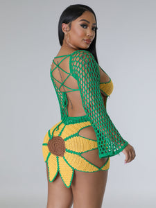 Long Sleeve Handmade Crocheted Sunflower Beach Skirt Suit（CL11860）