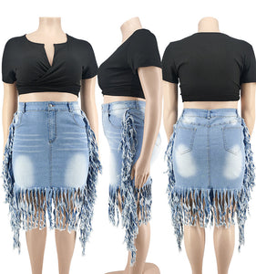 Oversized Denim Skirt with Tassel Skirt (CL11785)