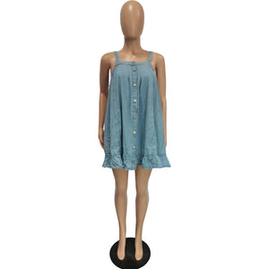 Solid Color Suspender Button Pocket Loose Washed-out Denim Dress (CL11787)