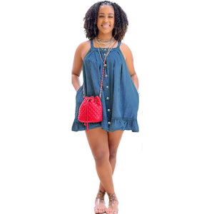 Solid Color Suspender Button Pocket Loose Washed-out Denim Dress (CL11787)