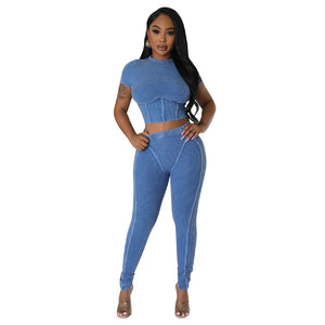 Pit stripe sports round neck tight and navel exposed set（CL11917）