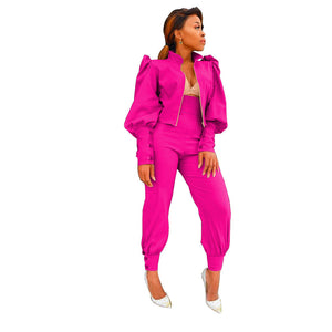 Solid puff sleeve zippered high-rise pants 2PC set (CL12056)