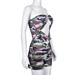 Open-back Openwork Print Camouflage  Jumpsuit (CL11731)