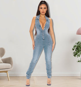 Sleeveless Open Chest Wash Denim Jumpsuit (CL11763)