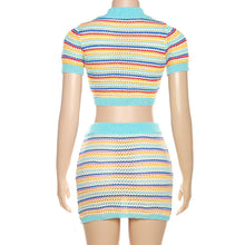 Load image into Gallery viewer, Short Sleeves with Lapels, Crop Top-stripe Color-block Knit, Cropped Slim Fit Skirt (CL11734)
