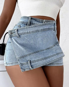 A- line High Waist Irregular Denim Skirt Shorts（CL11692）