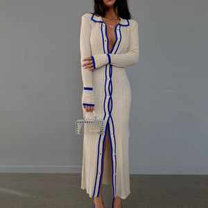 Slim lapel panels women's long sleeve cardigan dress (CL11932)