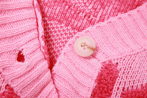 Sweet color-block low-cut V-neck button-up high-rise slim-fit knit top (CL11966)