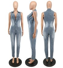 Load image into Gallery viewer, Sleeveless Open Chest Wash Denim Jumpsuit (CL11763)
