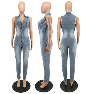 Sleeveless Open Chest Wash Denim Jumpsuit (CL11763)