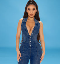 Load image into Gallery viewer, Sleeveless Open Chest Wash Denim Jumpsuit (CL11763)
