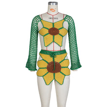 Load image into Gallery viewer, Long Sleeve Handmade Crocheted Sunflower Beach Skirt Suit（CL11860）
