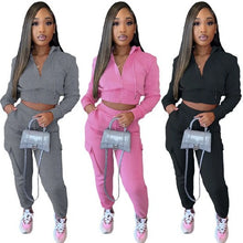 Load image into Gallery viewer, Long sleeved hooded solid color multi pocket overalls 2PC set (CL12006)
