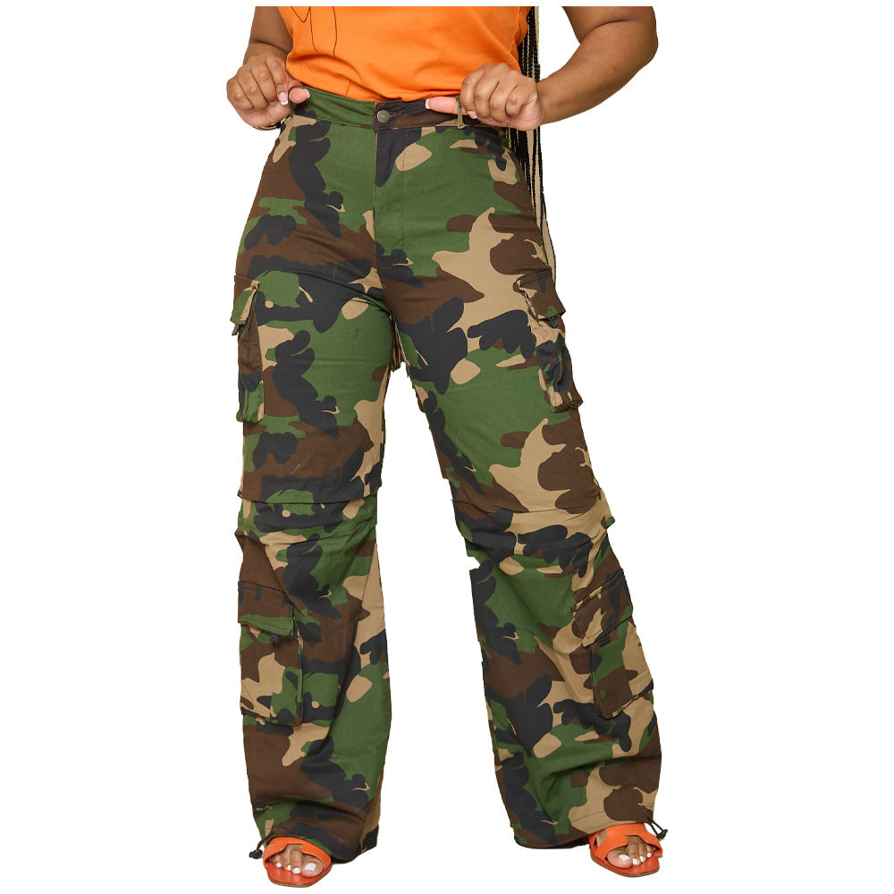 Camouflage Multi-pocket Zipper Loose Cargo Cuff Pants (CL11830)