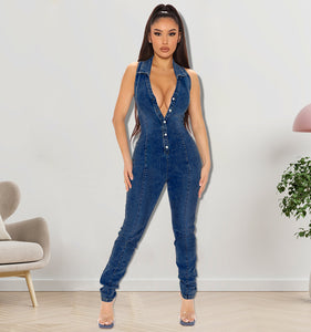 Sleeveless Open Chest Wash Denim Jumpsuit (CL11763)