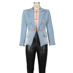 Slim Double-Breasted Denim Suit Jacket (Cl11824)