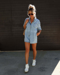 Polo Neck Short Sleeved Shorts Denim Jumpsuit (CL11826)