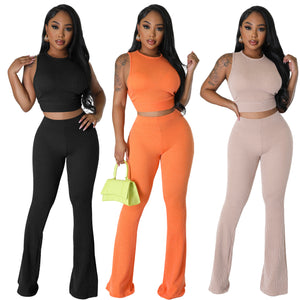 Solid Color Rib Fabric Sleeveless Bootcut Trousers 2PC Set (CL11794)