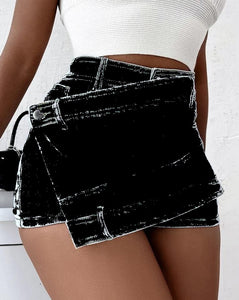 A- line High Waist Irregular Denim Skirt Shorts（CL11692）