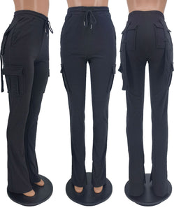 Fashion tooling pocket drawstring waist split pants (CL11959)
