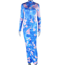 Load image into Gallery viewer, Stand Collar Printed Long Sleeve Ruffle Hip Dress (CL11840)
