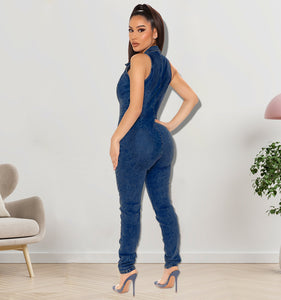 Sleeveless Open Chest Wash Denim Jumpsuit (CL11763)