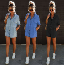 Load image into Gallery viewer, Polo Neck Short Sleeved Shorts Denim Jumpsuit (CL11826)
