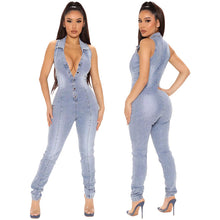 Load image into Gallery viewer, Sleeveless Open Chest Wash Denim Jumpsuit (CL11763)
