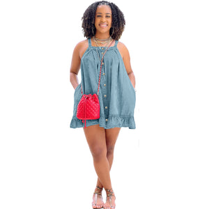 Solid Color Suspender Button Pocket Loose Washed-out Denim Dress (CL11787)