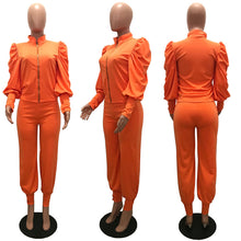 Load image into Gallery viewer, Solid puff sleeve zippered high-rise pants 2PC set (CL12056)
