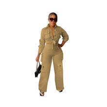 Load image into Gallery viewer, Long sleeves, long pants, cargo style, wide leg, solid color,2pc set (CL11924)
