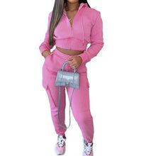 Load image into Gallery viewer, Long sleeved hooded solid color multi pocket overalls 2PC set (CL12006)
