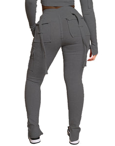 Fashion tooling pocket drawstring waist split pants (CL11959)