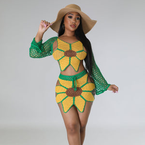 Long Sleeve Handmade Crocheted Sunflower Beach Skirt Suit（CL11860）