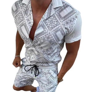 Slim-Fit Printed Casual Short Sleeve Shirt Outfit（ML8230）