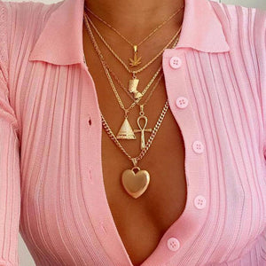 Metallic Leaves Egyptian Pharaoh Cleopatra Pyramid Peach Heart Pendant Multi-Layer Necklace Women's (A0165)