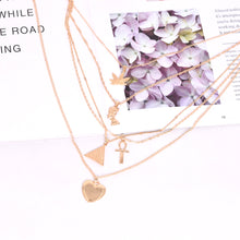 Load image into Gallery viewer, Metallic Leaves Egyptian Pharaoh Cleopatra Pyramid Peach Heart Pendant Multi-Layer Necklace Women&#39;s (A0165)
