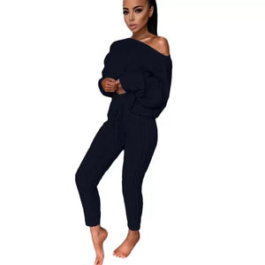 Wholesale round neck woolen trousers long sleeve suit sweater 2PC（CL9428）