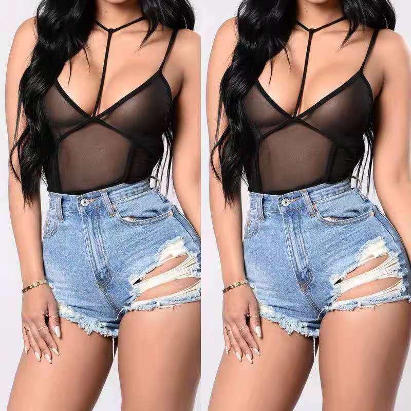 Wholesale women's black see-through bodysuit(CL9110)