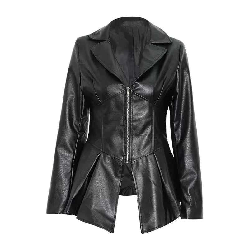 Wholesale Ruffle Trim motorcycle PU leather jacket（CL9456）