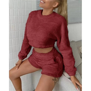 Wholesale fashion Plush round neck long sleeve sweater shorts two-piece set（CL9556）