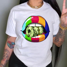 Load image into Gallery viewer, White Short-Sleeved T-shirt Fashion Lips Dollar Printing (Cl10619)
