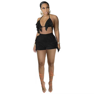 Wholesale two-piece set of pure tassel bandage sexy nightclub style shorts（CL8993）